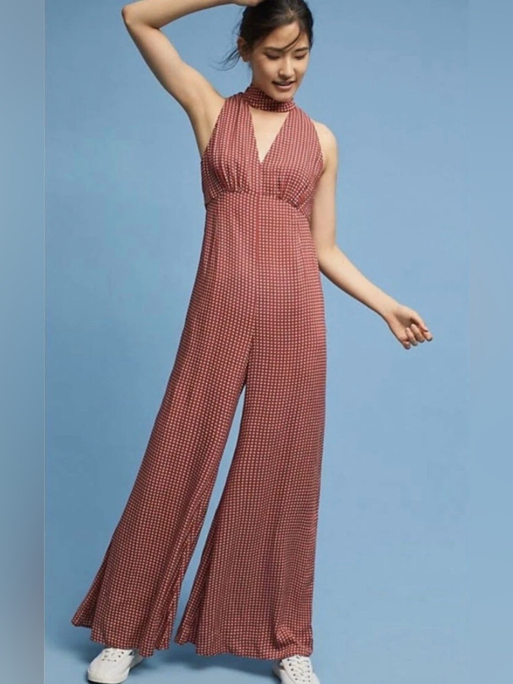 Maeve Anthropologie Red Geometric Floral Halter Wide Leg Jumpsuit Size 2 Rayon - Picture 11 of 14